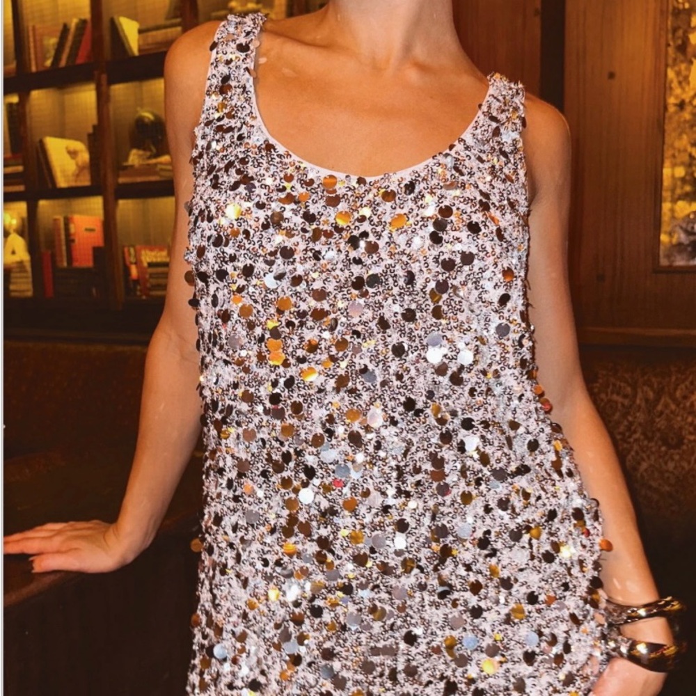 Sequin Tank Dress in Silver and White